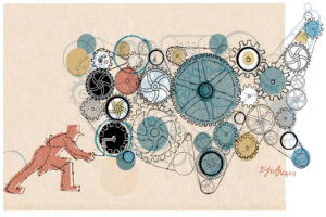 Donna Grethen graphic art of worker cranking collection of gears